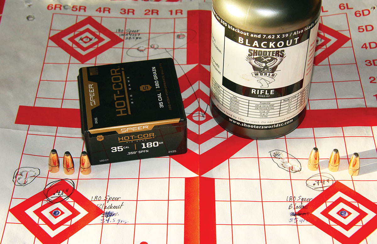 The best groups produced by Speer’s 180-grain Hot-Cor bullet included .41-inch at 2,250 fps included (left) and .74-inch at 2,579 fps (right), using 34.5 and 35 grains of Shooters World Blackout. This powder also produced extremely low extreme velocity spreads.